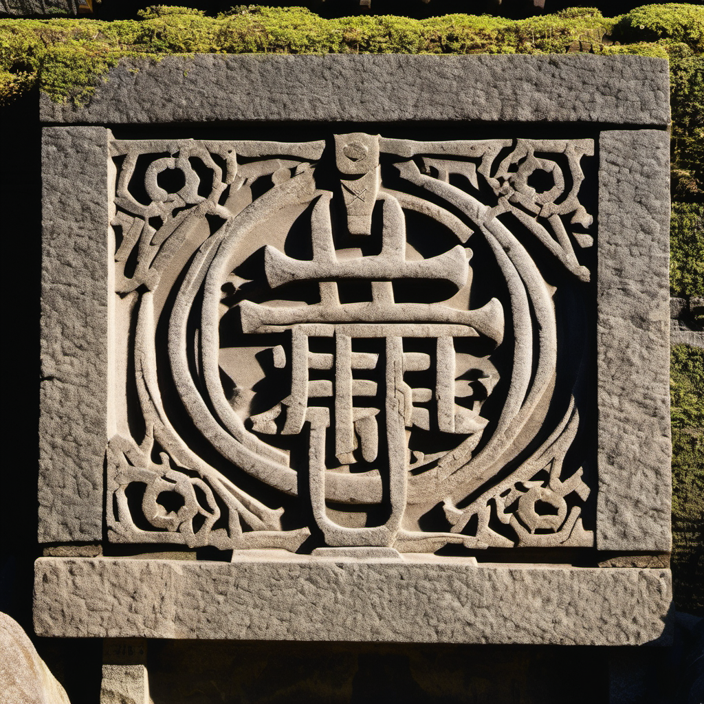 神代文字を指示した生成例。石版の架空の一字を中心に円環状の飾り文字が放射状に広がり、曼荼羅のような意匠へ発散していく