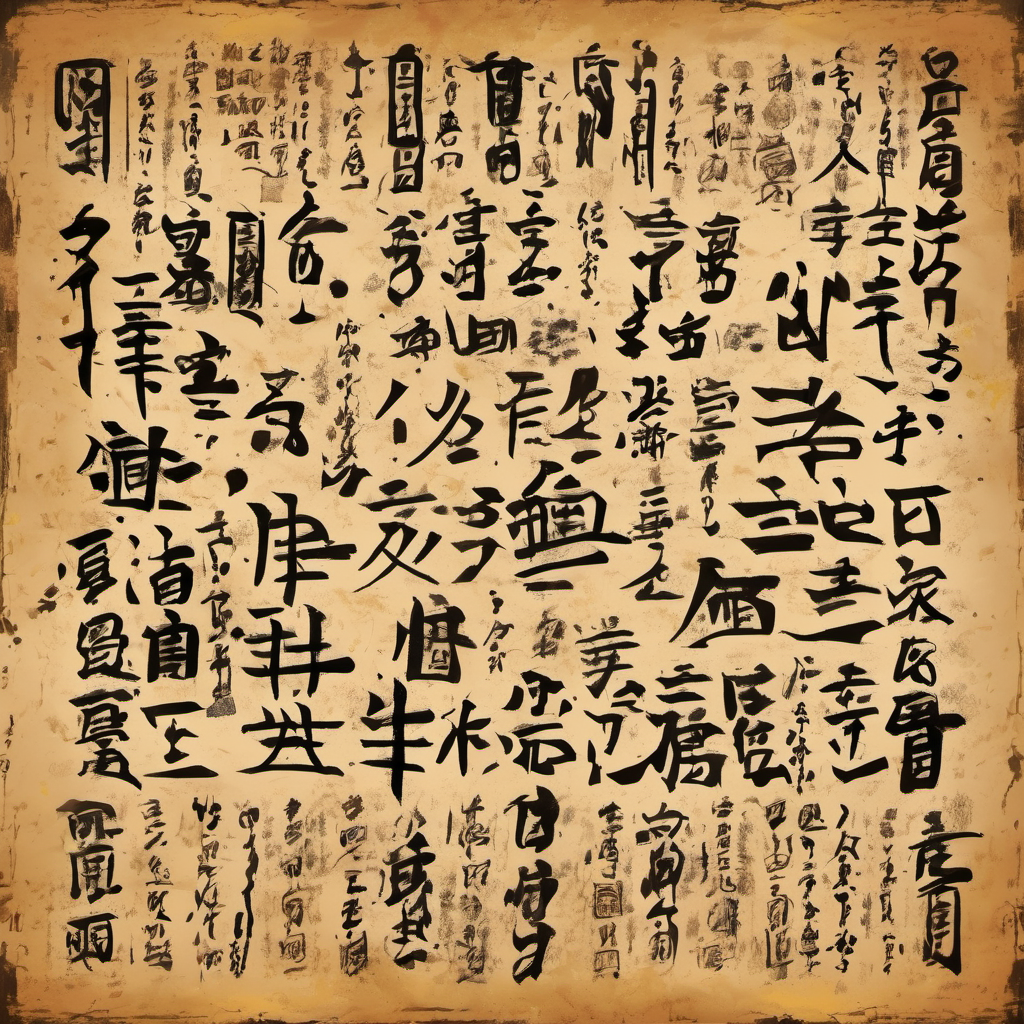 SDXLに自動書記・霊文を指示した生成例。古い和紙に縦書きの文字が密集し、朱印もそれらしく添えられている