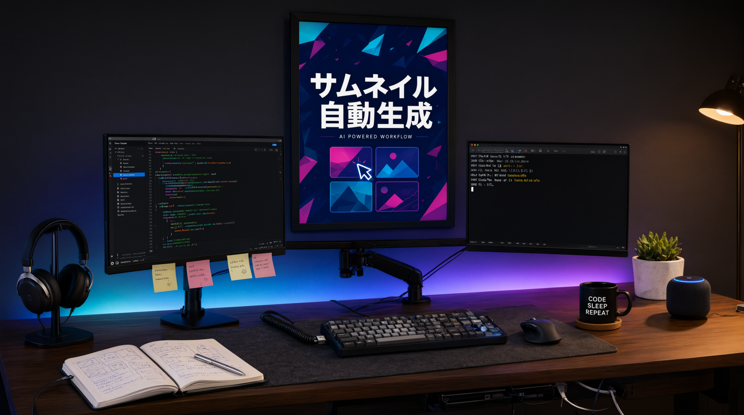 Qwen-Image-3.0で生成した、壁のポスターに「サムネイル自動生成」が正しく描かれた開発者デスク