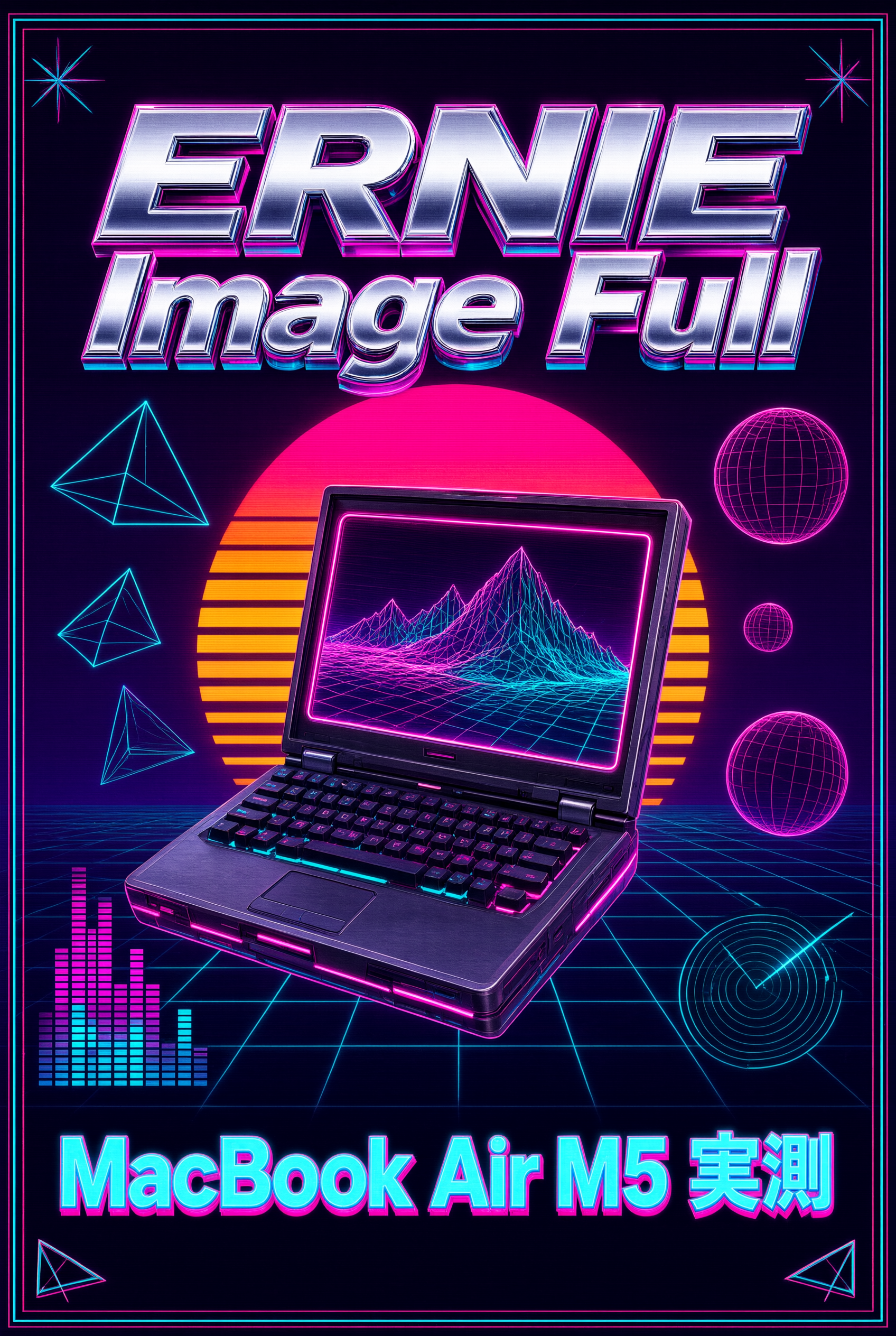 Qwen-Image-3.0で生成した、英語「ERNIE Image Full」と日本語「MacBook Air M5 実測」がともに正確に描かれたネオンポスター
