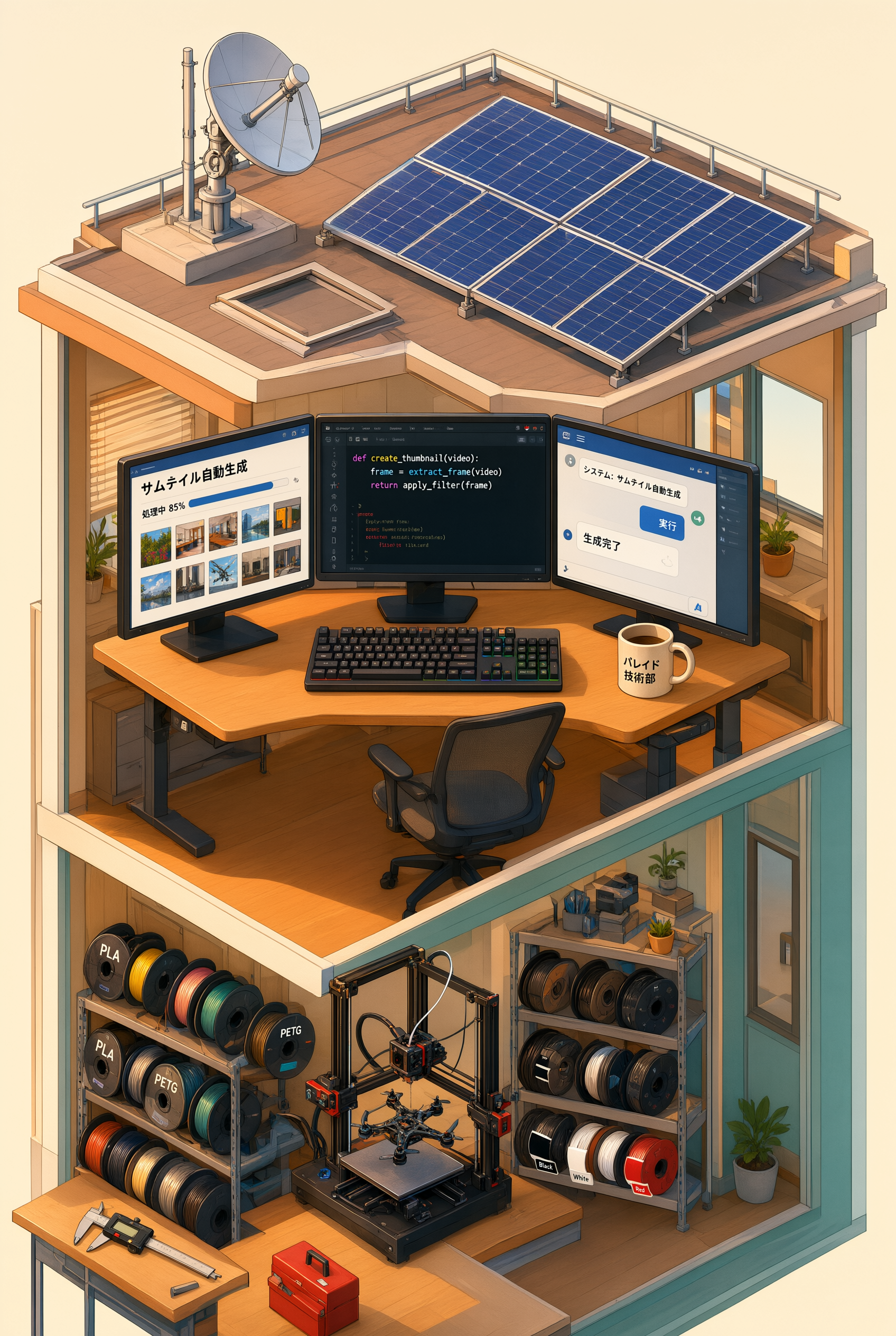 Qwen-Image-3.0で生成した、3階建てオフィスのアイソメトリック断面図。屋上の太陽光パネルとパラボラアンテナ、2階のモニタ3台、1階の3Dプリンタとフィラメント棚まで指示どおりに配置されている