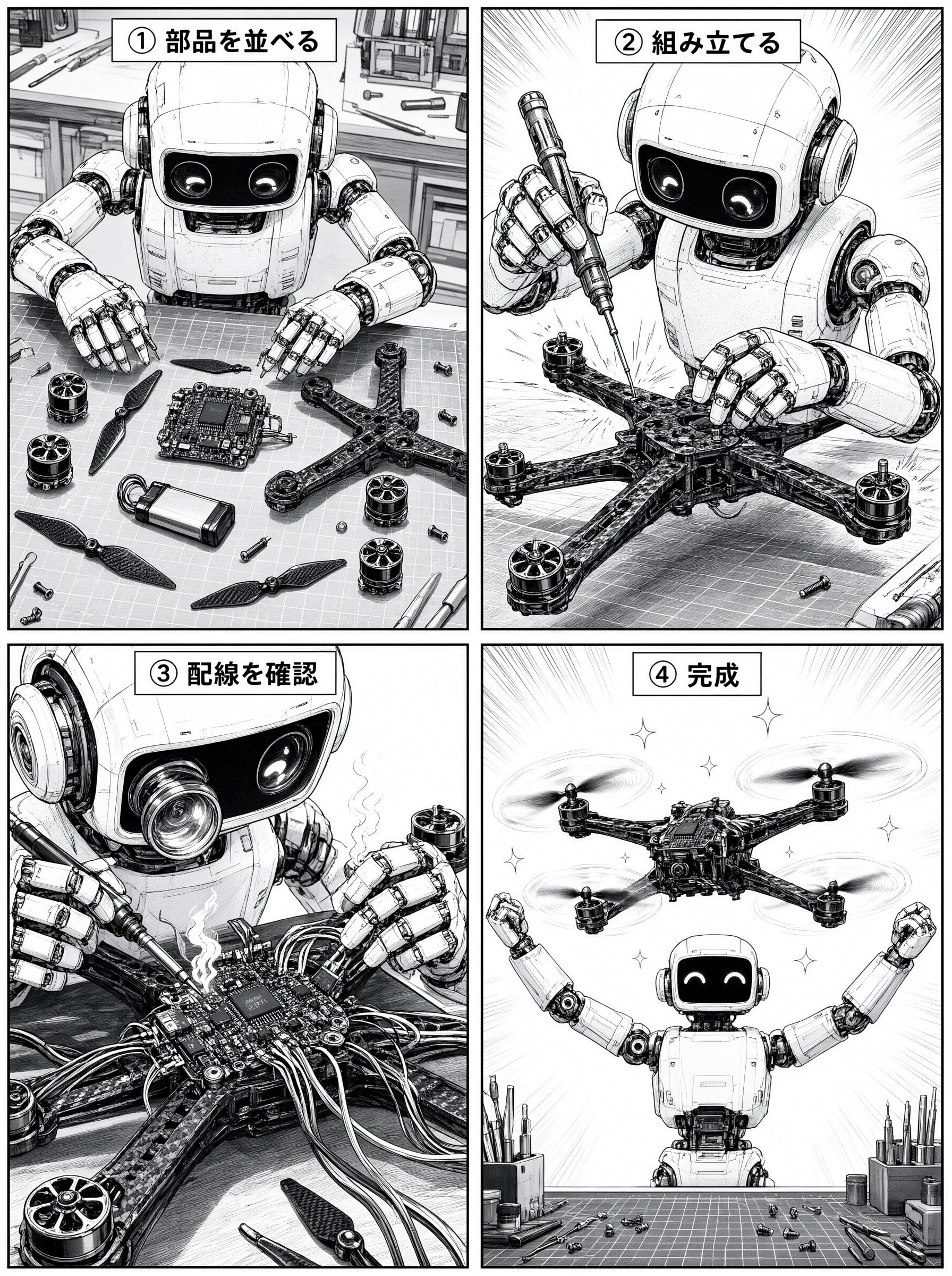 Qwen-Image-3.0で生成した4コマ漫画。ロボットがドローンを組み立てる様子を「①部品を並べる」「②組み立てる」「③配線を確認」「④完成」の4段階で描いている