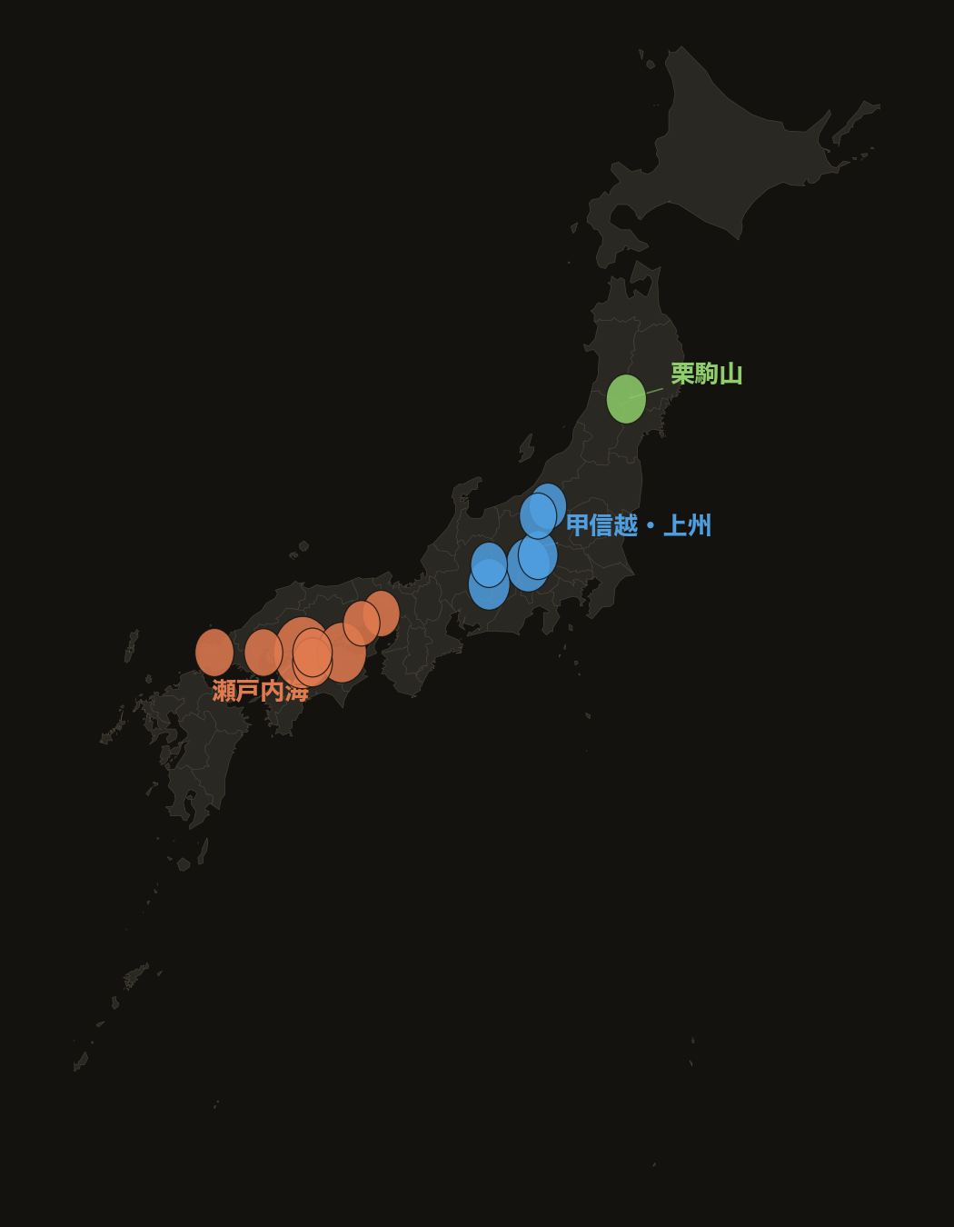 three convergence clusters plotted on a map of Japan: Seto Inland Sea, Koshin'etsu mountains, and Mt. Kurikoma
