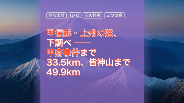 甲信越・上州の窓、下調べ ── 甲府事件まで33.5km、皆神山まで49.9km — 甲信越・上州の窓, 地形の顔, 甲府事件