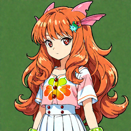 ラメ君の本番アバター。オレンジ寄りのロングヘアにピンクのリボン飾り、赤茶の瞳、花柄の白いブラウスと白いプリーツスカートのバスト