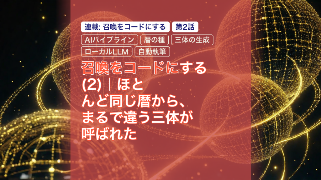 召喚をコードにする(2)｜ほとんど同じ暦から、まるで違う三体が呼ばれた — 召喚をコードに, AIパイプライン, 暦の種