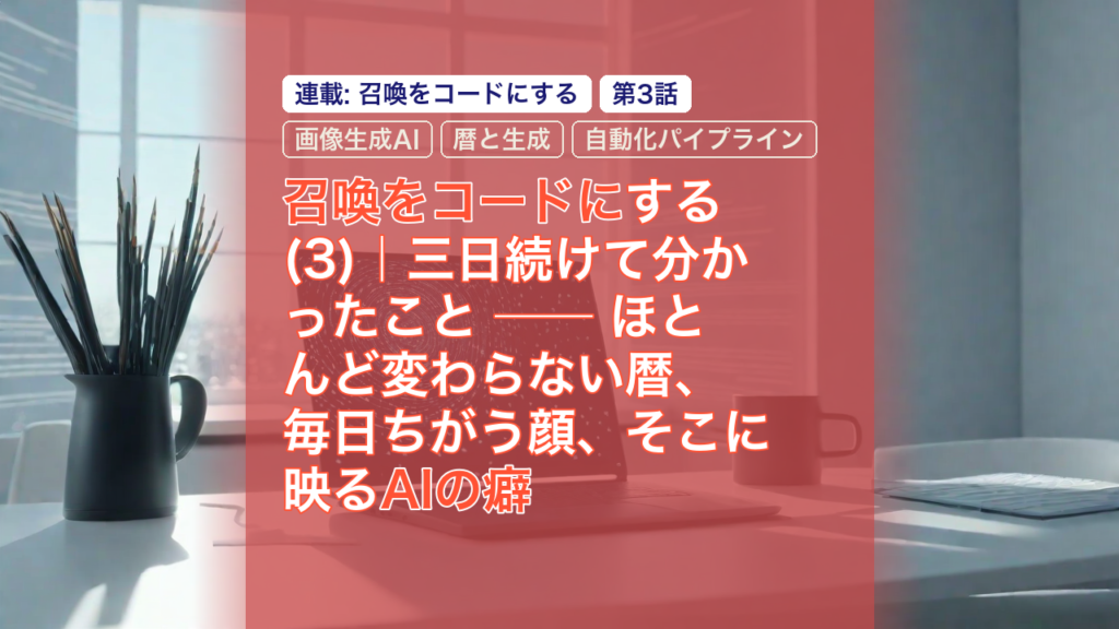 召喚をコードにする(3)｜三日続けて分かったこと ── ほとんど変わらない暦、毎日ちがう顔、そこに映るAIの癖 — 召喚をコードに, 画像生成AI, AIの癖