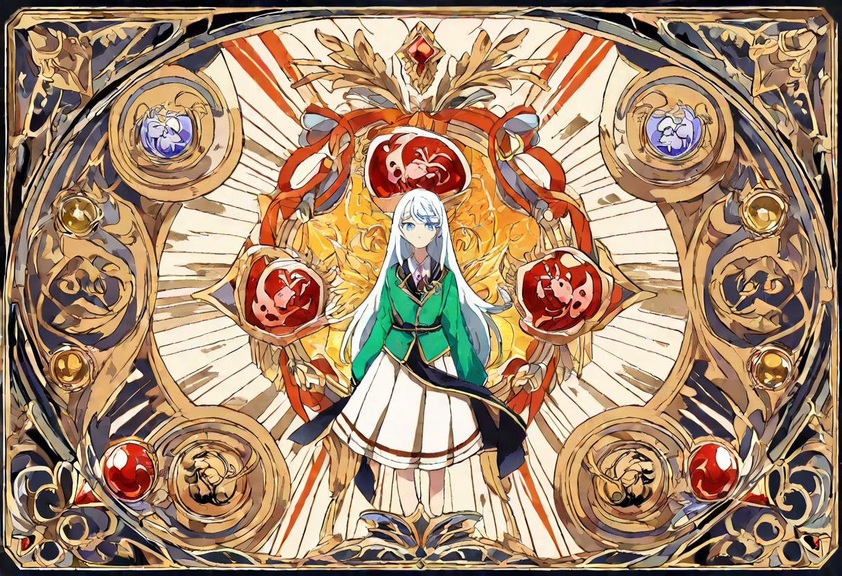 星時・緑竜の世界観カット。金色の荘厳な円環装飾、蟹をかたどった赤い宝石、青いヒエンソウの花球、ルビーの赤が全体に散る
