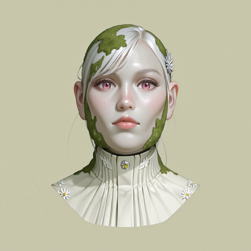 秋吉台の伝承から生まれたキャラクターの最終画像。白髪・ピンクの瞳の正面向きバスト、視線もこちらを向く。頬から首筋にかけて苔緑が広がっている