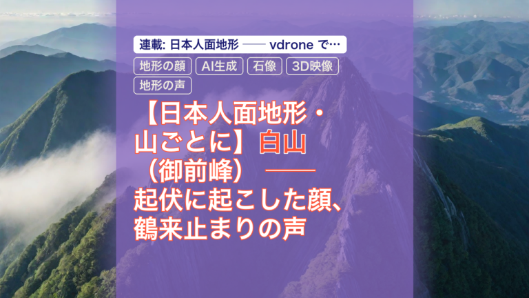 【日本人面地形・山ごとに】白山（御前峰） ── 起伏に起こした顔、鶴来止まりの声 — 白山, 地形の顔, AI生成