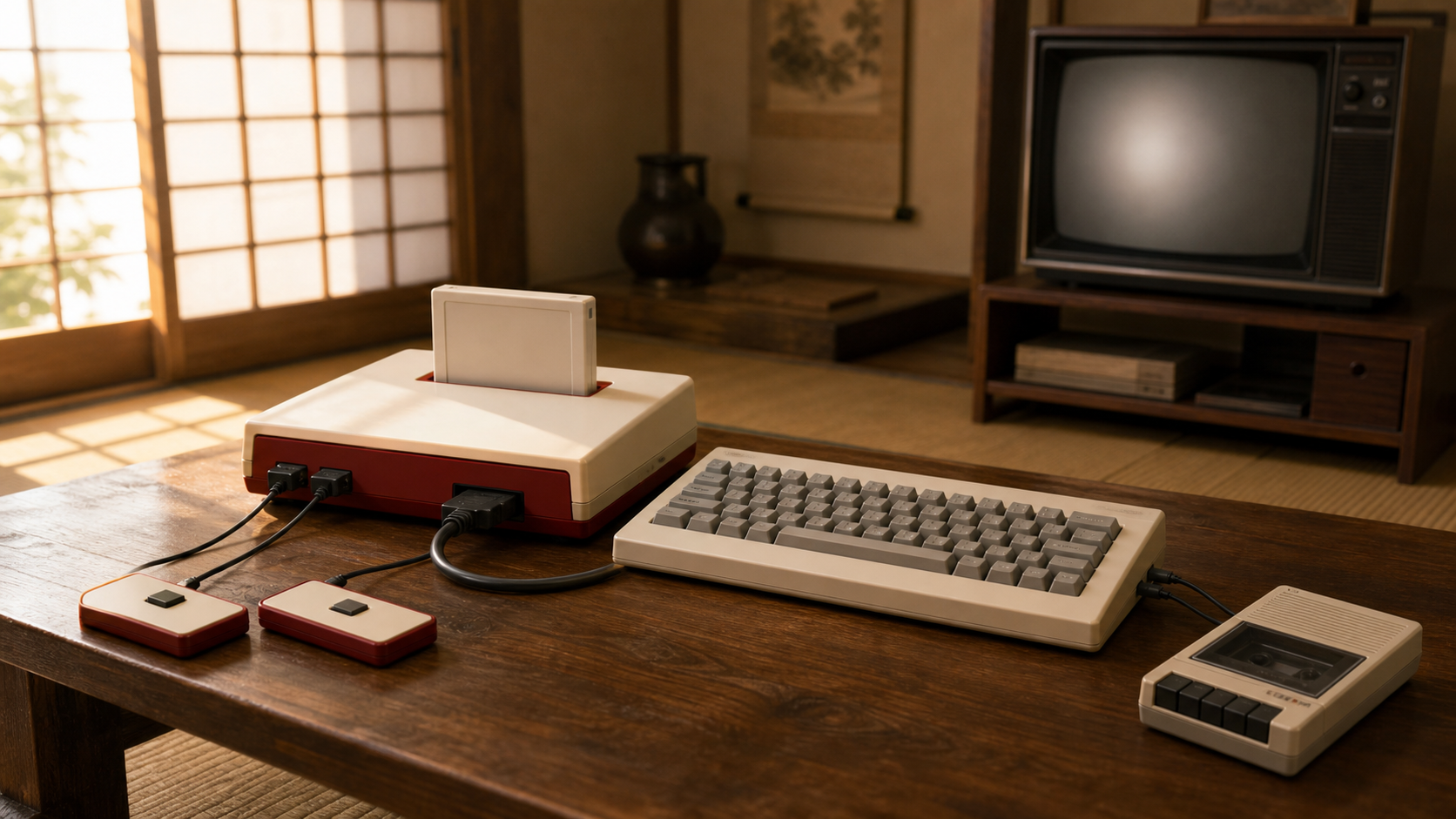畳の部屋に置かれたファミリーベーシックの3点セット。本体・キーボード・データレコーダー