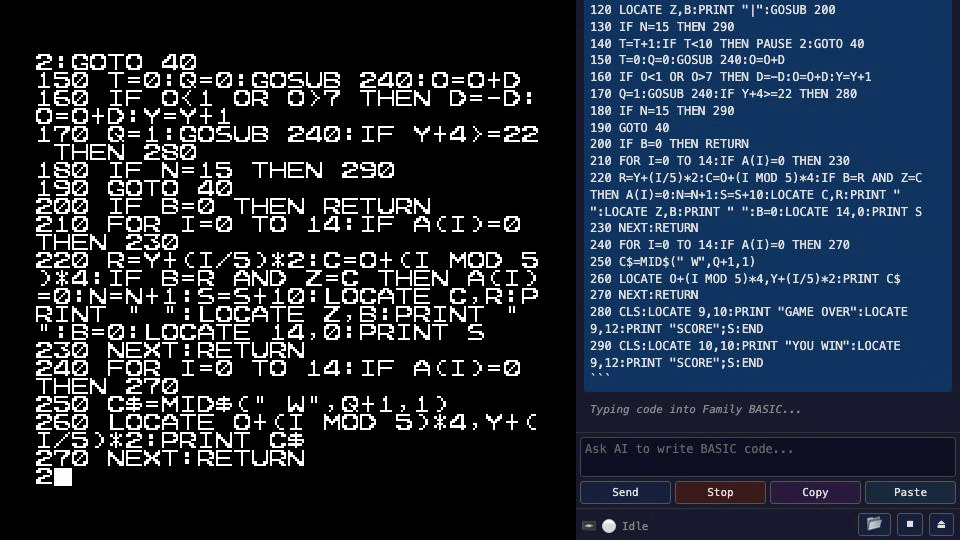 応答が届き、コードがBASIC画面に打ち込まれている途中。右のTypeボタンが赤い「Stop」に変わっている