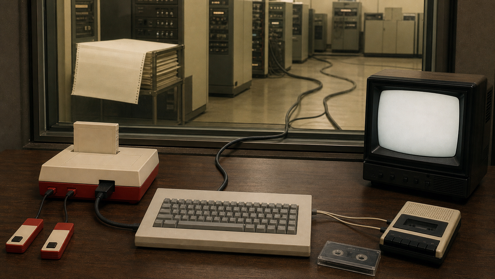 手前に1980年代の家庭用機、ガラス窓の向こうに1970年代の計算機室