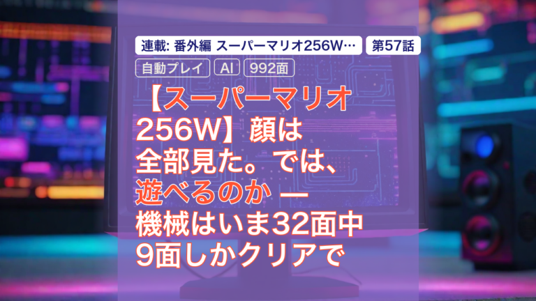 【スーパーマリオ256W】顔は全部見た。では、遊べるのか — 機械はいま32面中9面しかクリアできない — スーパーマリオ, 自動プレイ, 32面中9面