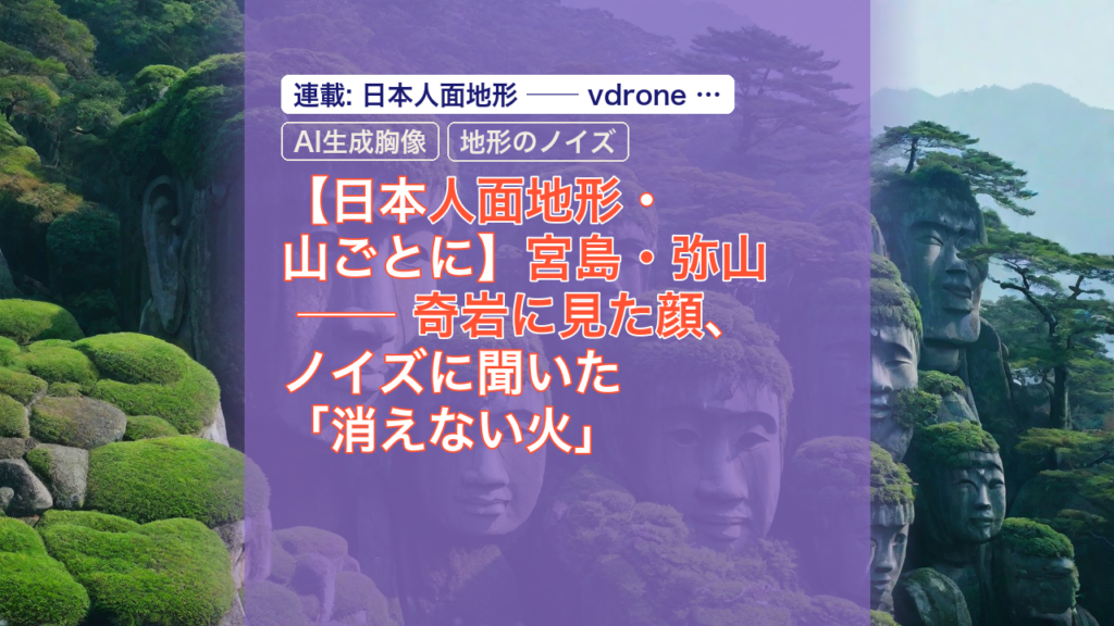 【日本人面地形・山ごとに】宮島・弥山 ── 奇岩に見た顔、ノイズに聞いた「消えない火」 — 宮島・弥山, 奇岩に見た顔, AI生成胸像