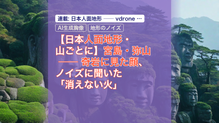 【日本人面地形・山ごとに】宮島・弥山 ── 奇岩に見た顔、ノイズに聞いた「消えない火」 — 宮島・弥山, 奇岩に見た顔, AI生成胸像